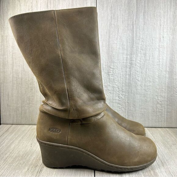 Keen Akita Brown Leather Slouch Wedge Heeled Tall Calf Boot Women’s Size 8.5 - Picture 1 of 10